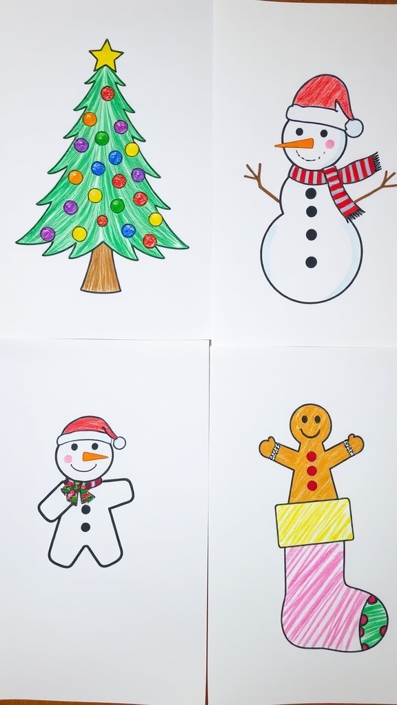Easy Christmas Drawing Ideas A variety of easy Christmas drawings featuring a tree, snowman, Santa, gingerbread man, and stocking.